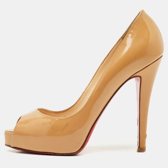 Christian Louboutin Beige Patent Leather Very Prive Peep Toe Platform Pumps